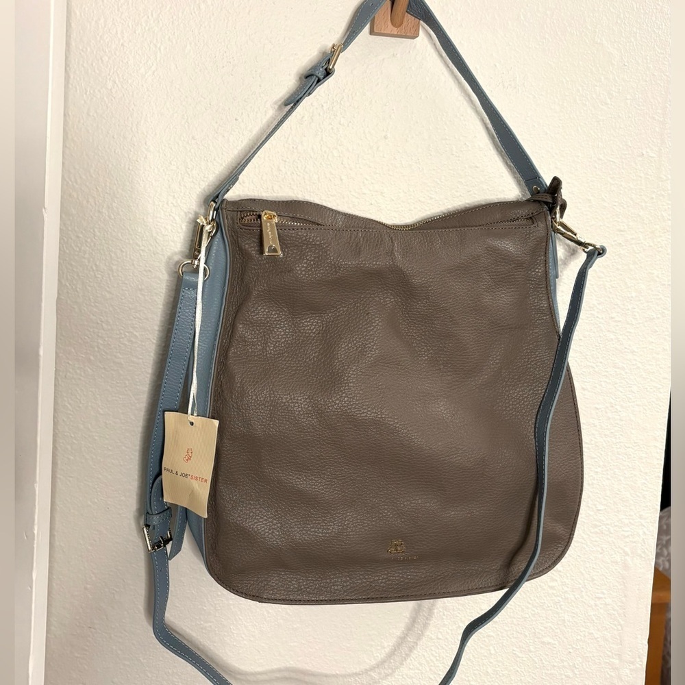 Paul & Joe Taupe Leather Shoulder Bag with Blue Trim